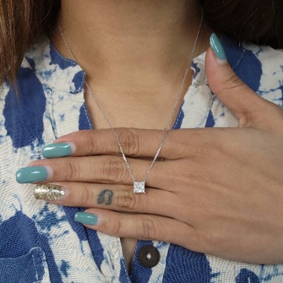 14Kt Gold 1 Ct Lab Grown Princess Cut Diamond Pendant Necklace - Picture 7 of 13